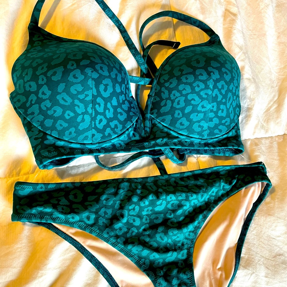 NWT Cheetah leopard teal high waisted bikini adjustable straps